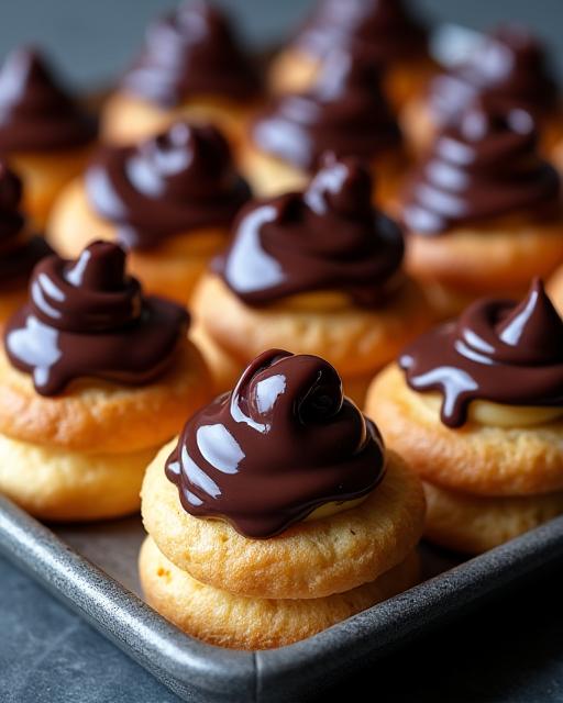 Vassoio di bignè ripieni e ricoperti di cioccolato fondente.