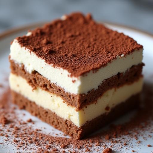 Porzione di tiramisù classico con una spolverata di cacao.