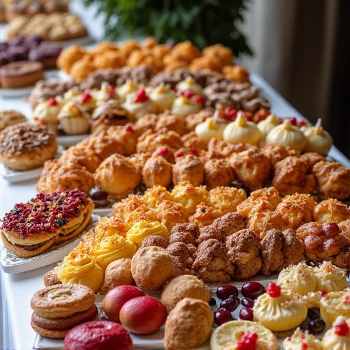 Tavolo da catering allestito con un ricco assortimento di pasticcini.